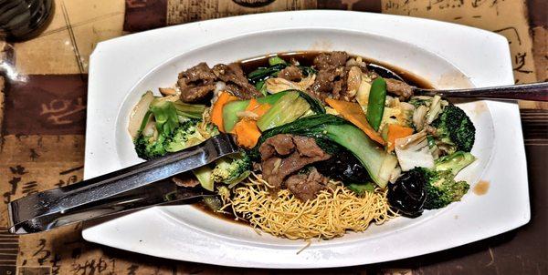 This is the Pan Fried Noodles With Beef entree.  Photo taken December 25, 2021.