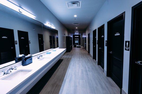 Our spacious mens and womens locker rooms boasts showers, restrooms, changing rooms, lockers, & large counter space with hair styling tools.