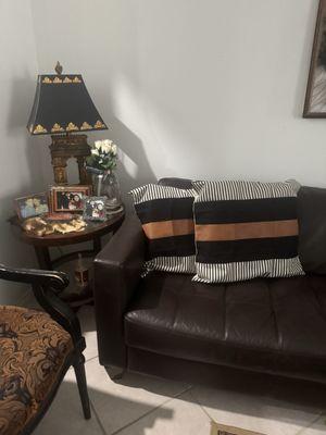 The brown leather sofa and Knick knacks I bought from Penny wise!