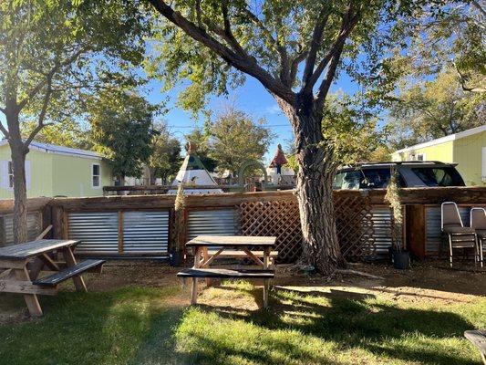 Some of the outdoor seating next to the campground.