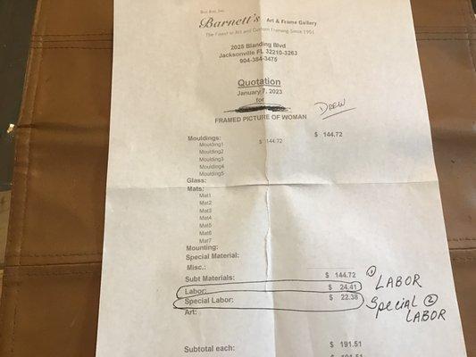 Barnett's Receipt showing:
 Materials 144.72
 Labor $24.41 and
 "SPECIAL LABOR" $22.38
 Eventual Total cost $205.87