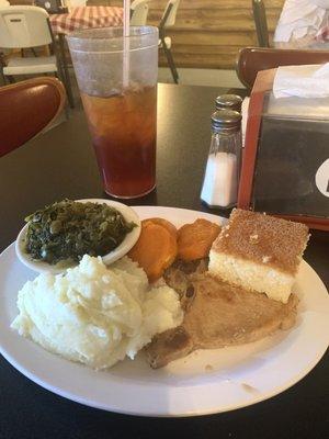 pork chops, 3 sides and ice tea