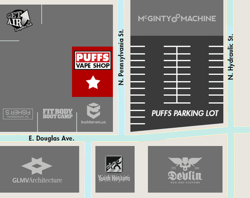 PUFFS Vape Shop Map to find our NEW STORE at 1520 E. Douglas in Wichita, Kansas