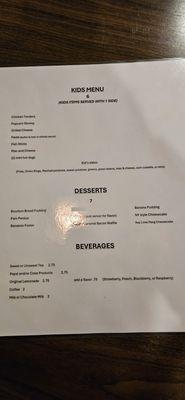 Kids, desserts, and beverages menu