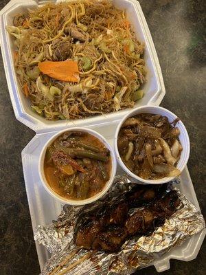 Pancit , Pork Bistek, Pinakbet, and bbq sticks for takeout