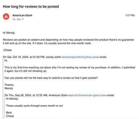 Response from company about not posting my review