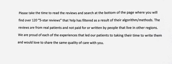 Please read our over 160 "5-star" reviews that are "not recommended" by Yelp. We do not pay for reviews, they are all proudly organic.