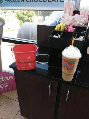 Condimant station area. This bucket was for a leak in the ceiling.