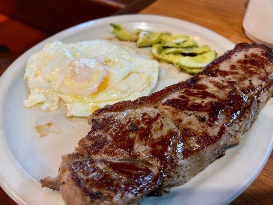 Grass fed NY steak, 3 eggs over medium, avocado instead of toast. $19.99 and worth every penny!