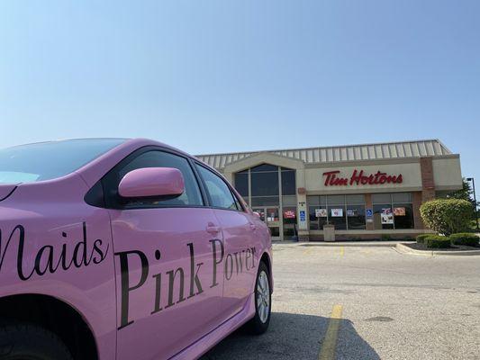 Pink Power cleaners having a meeting at Tim Hortons