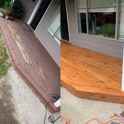 Deck refinishing job that we recently completed.  What a difference!!