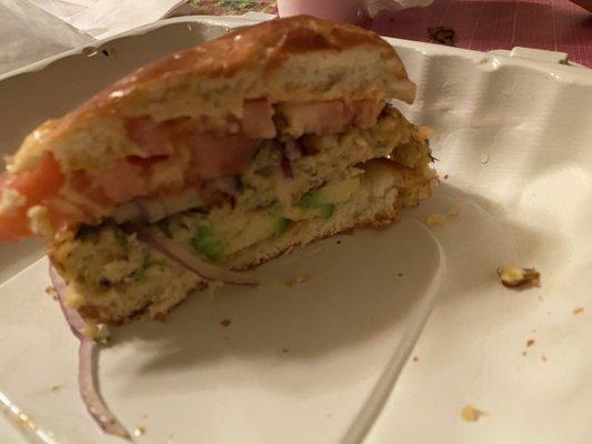 Salmon burger cut in half