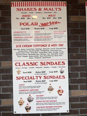 Shake and sundae menu