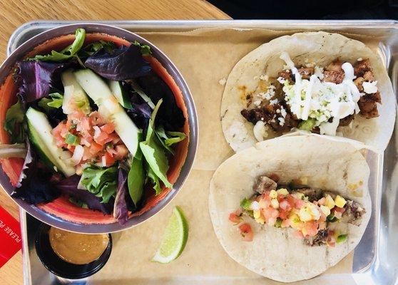 Chipotle chicken & crispy pig taco + salad