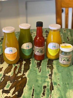 Melemele wellness cleanse chai tea, 'oma'oma'o detox greens cold pressed, special hot sauce, immuno vita C tonic shots cold pressed