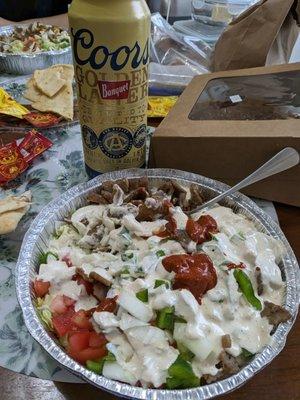 Enjoying beef platter at home