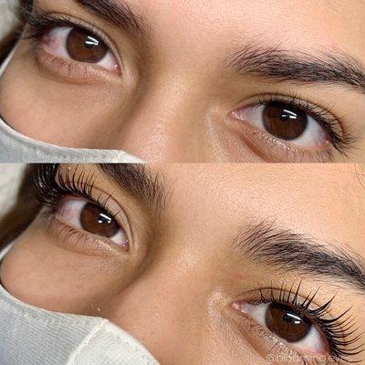 Keratin lash lift. Real lashes stay lifted for 6-8 weeks. No lash extensions. These are my clients real lashes.