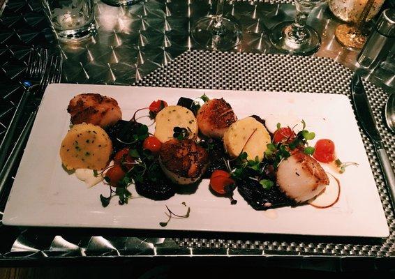 Scallops, polenta cakes, beets