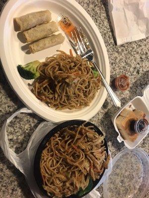 Vegan chicken lo mein and vegan egg rolls