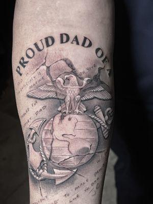 "Hollywood Stars Tattoo : Where a father's pride for his Marine son is etched with an EGA and words from bootcamp letters. #ProudDadTattoo"