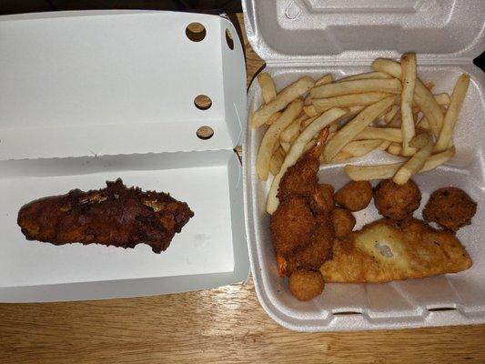 $2.99 for 1 piece of burnt spicy fish. $7.99 for old hushpuppies, cold fish, limp fries that are tepid.