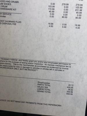 The ridiculous bill to replace my brakes.