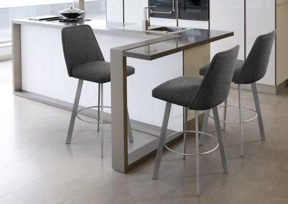 Contemporary metal and fabric swivel stools. Counter or bar height available. Made in Canada.