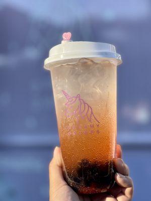 Grapefruit + Lychee Sparkle Soda with Boba ($5.75)