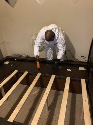 A technician performing a bedbug inspection.