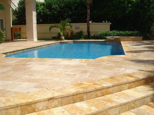 Gold Travertine, French Pattern. Complete pool, tile, coping, diamond brite, and deck remodel