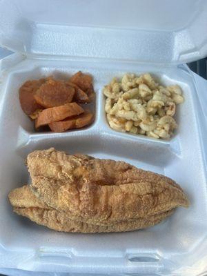 Flounder, mac and cheese, sweet potatoes