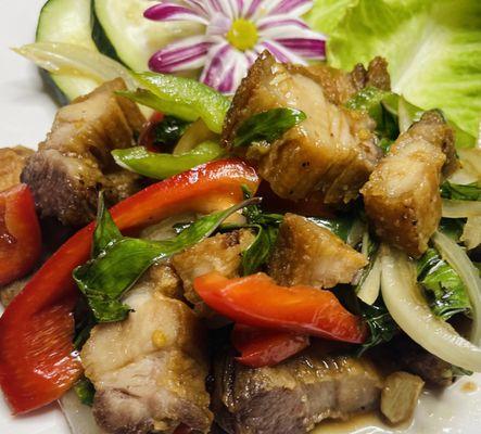 Pad Kra Phao Crispy pork comes with 2 scoops of jasmine rice