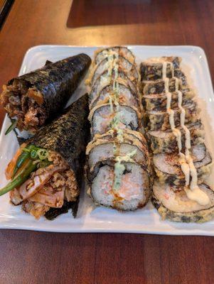 (L) (front) Easy, (back) salmon skin hand-rolls; (middle) Monster long roll, (R) King Kong long roll