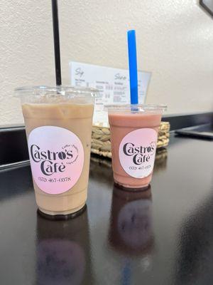 Strawberry smoothie and Spiced Cookie Latte.