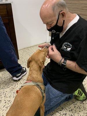 Bori getting a treat from Dr Stetzer after all his vaccinations!