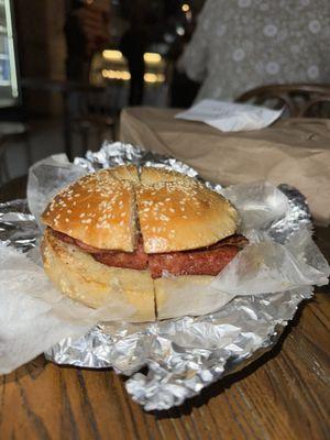 Sesame Bagel with Turkey Bacon and Turkey Sausage