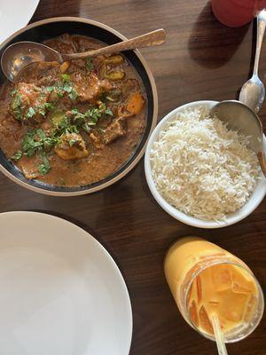 Goat curry, rice, mango lassi.