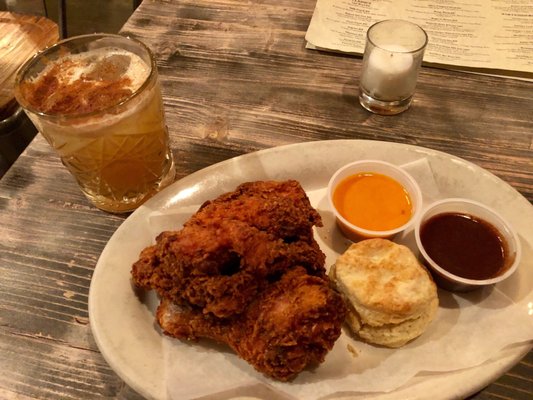 The fried chicken and biscuit plate, with the "Krewe of Zulu"