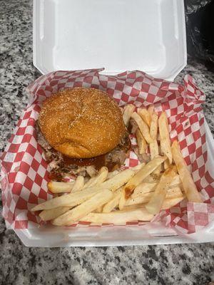 Pulled pork sandwich with fries for $10.95