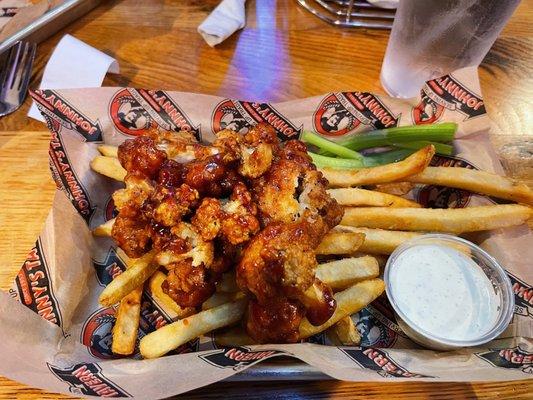 BBQ cauliflower wings + fries