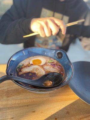 Black Garlic Paitan Ramen with Pork Chashu and Umami egg.