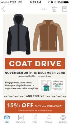 Donate a coat and earn 15% off!