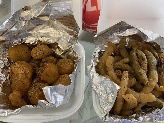 Fried jalapeño, cheese, and potato bites (left)  Fried onion and jalapeño straws (right)  SO GOOD!