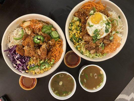 Firecracker pork bowl (right), spicy chicken bowl (left), signature red sauce, miso soup