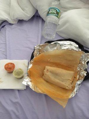 The sauces didn't come with it. I just put them near t to show how large the tamale is. Amazing.