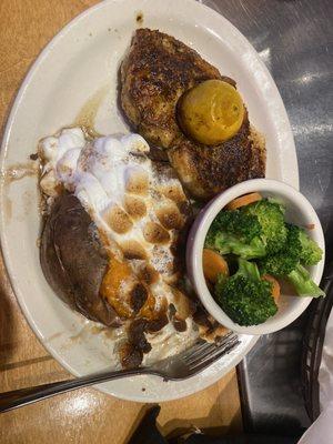 Herb Crusted Chicken, loaded sweet potato, and fresh veggies