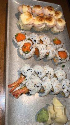 Front top to bottom: Cha Cha Roll, Spicy Tuna Roll, Shrimp Tempura Roll