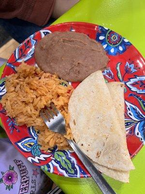 Mexican rice, beans and tortillas with cheese in the middle [wasn't in the mood for meat ;) ]