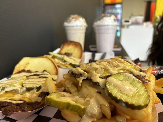 House Blend Angus Beef  Burger (Single) Mashed Fries Cinnamon Toast Crunch Milkshake  Strawberry Milkshake