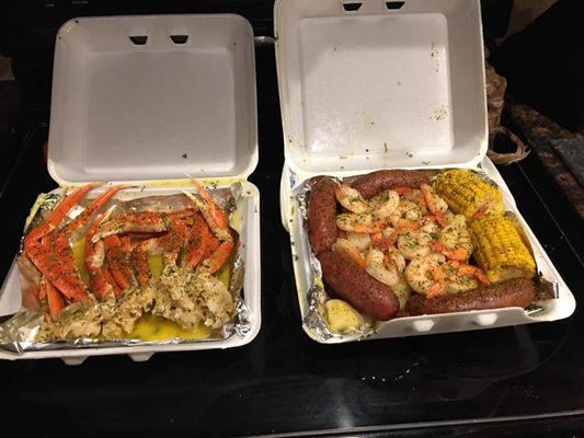 #1 Loaded platter with crab legs, shrimp, extra sausage instead of egg, potatoes, and corn on the cob with great lemon pepper butter.